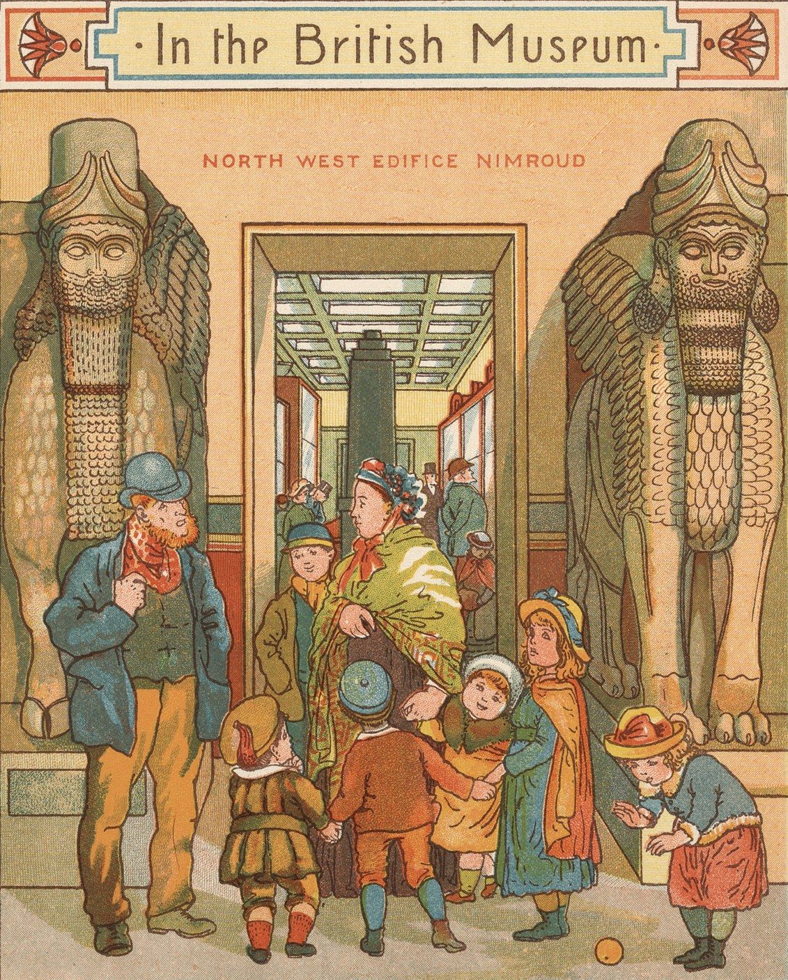 The image shows a group of people standing in front of a British museum, with two statues on either...