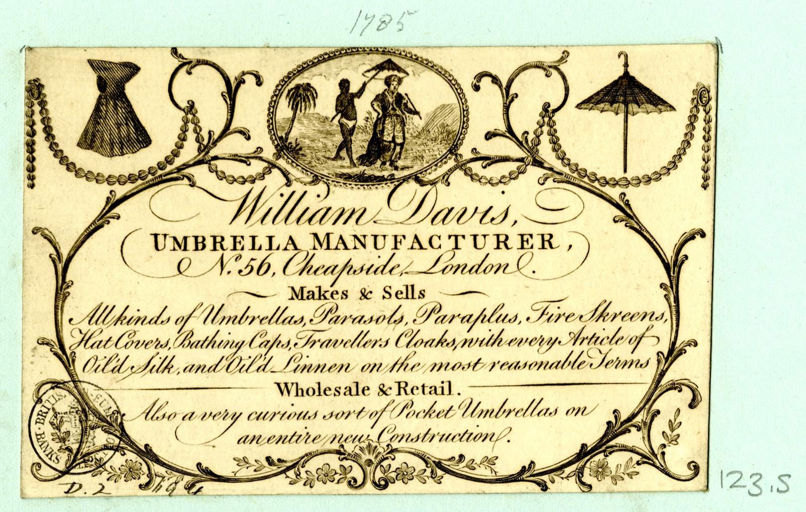 The image shows an old business card with a picture of William Davis, an umbrella manufacturer, on...