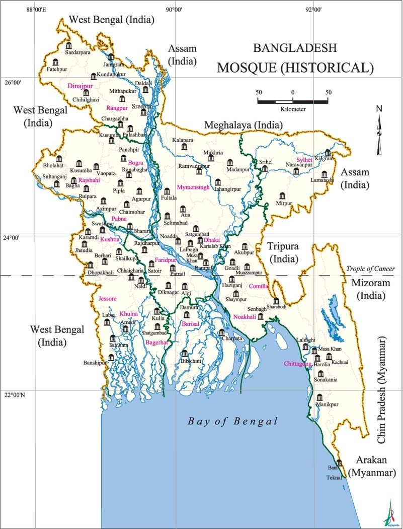 The image shows a poster with a map of Bangladesh, highlighting its historical significance. The...