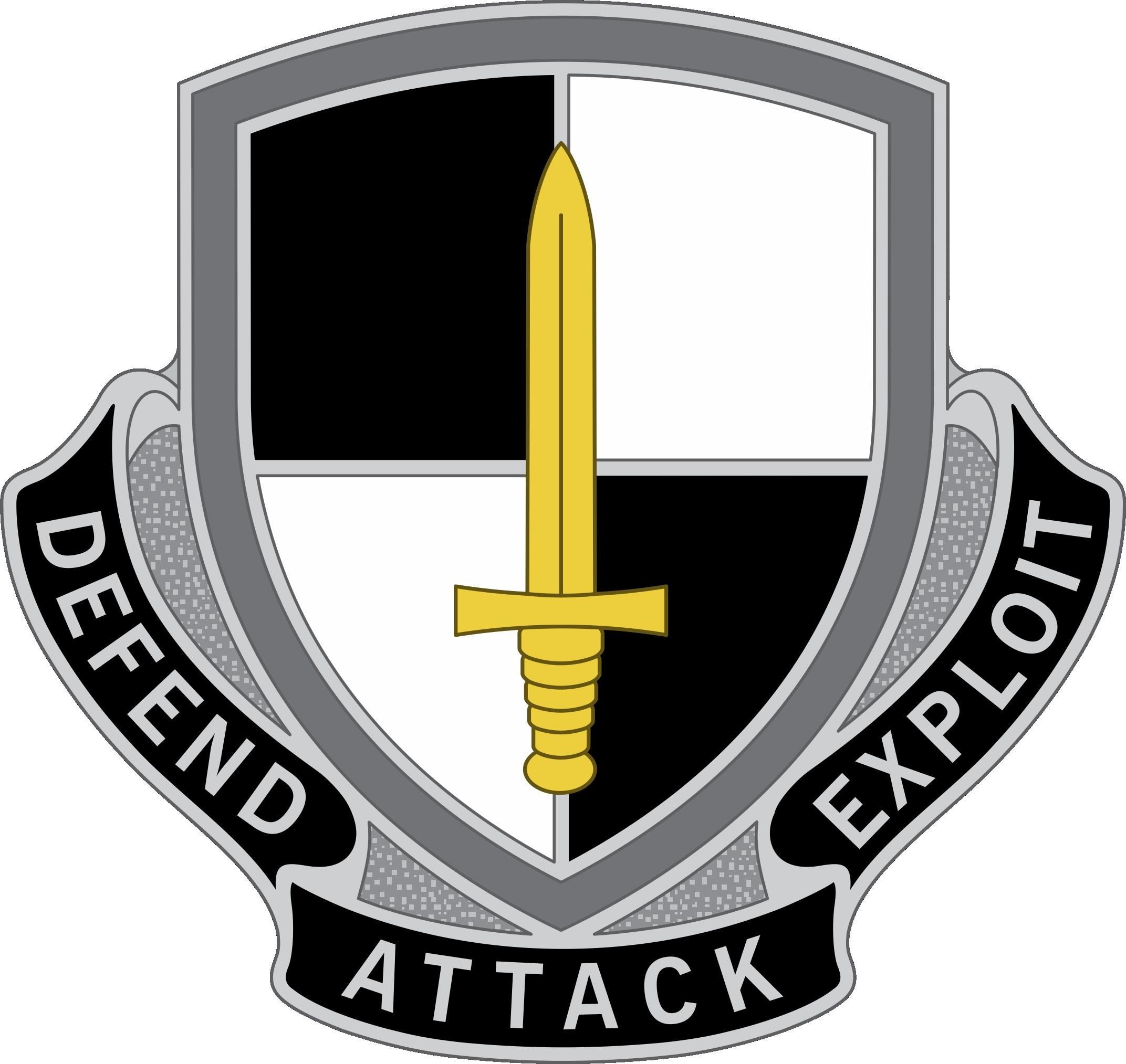 The image shows a shield with a sword in the center and the words "Defend Attack Exploit" written...