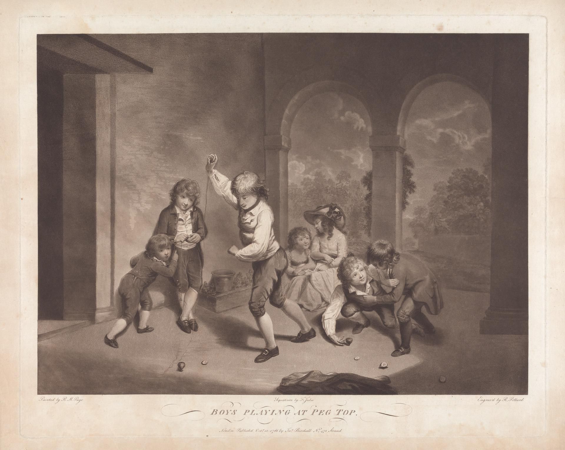 The image shows a group of children playing a game of pegs in a room with a wall, pillars, trees,...