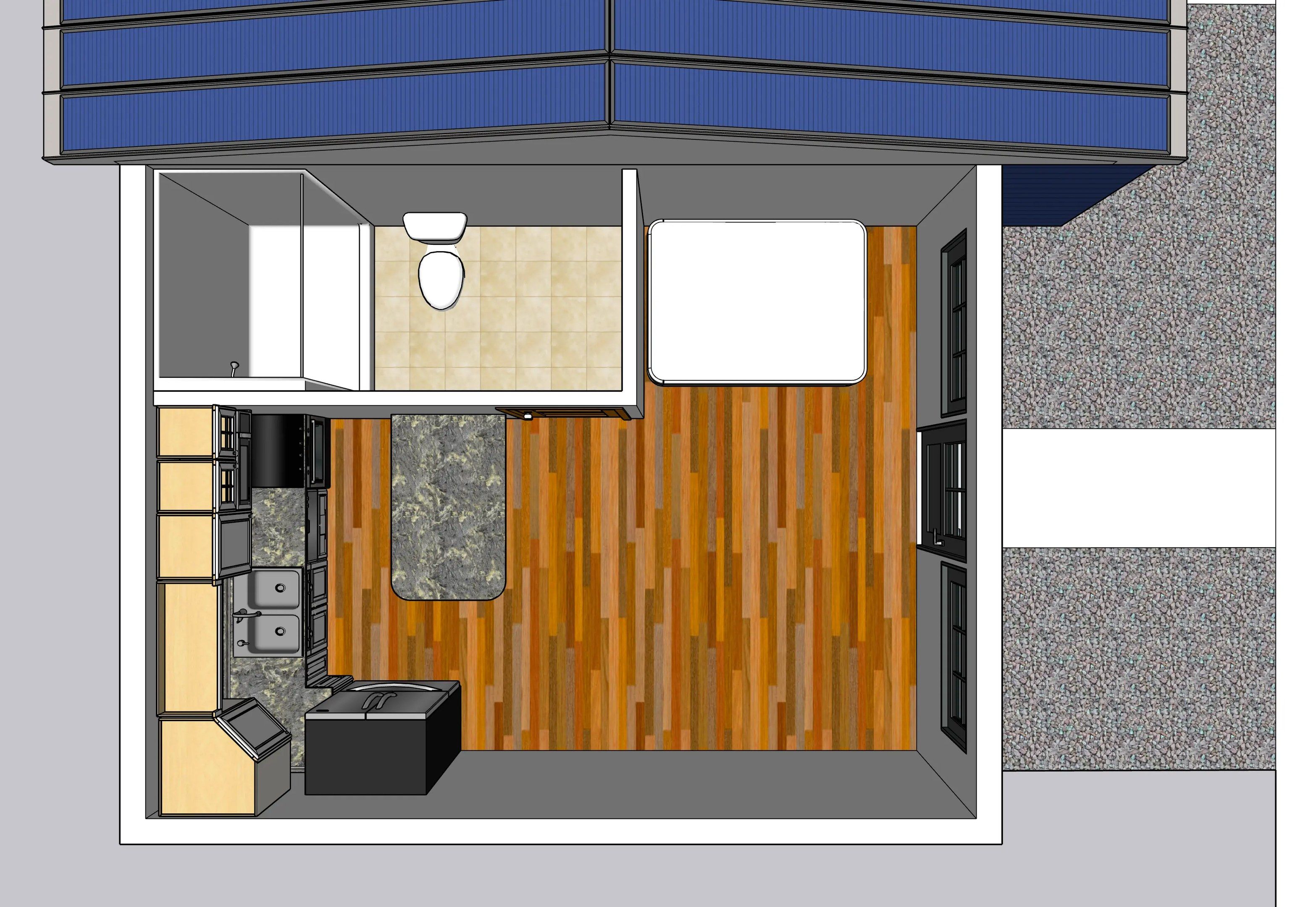 The image shows a floor plan of a tiny house with a kitchen and living room, featuring a toilet...