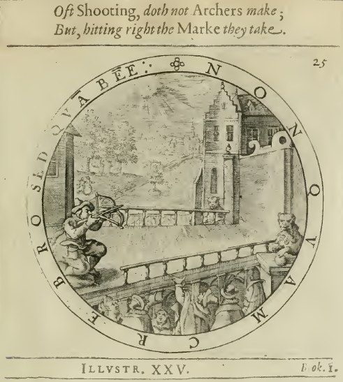 The image shows an old book with a drawing of a man holding a bow and arrow, surrounded by a few...