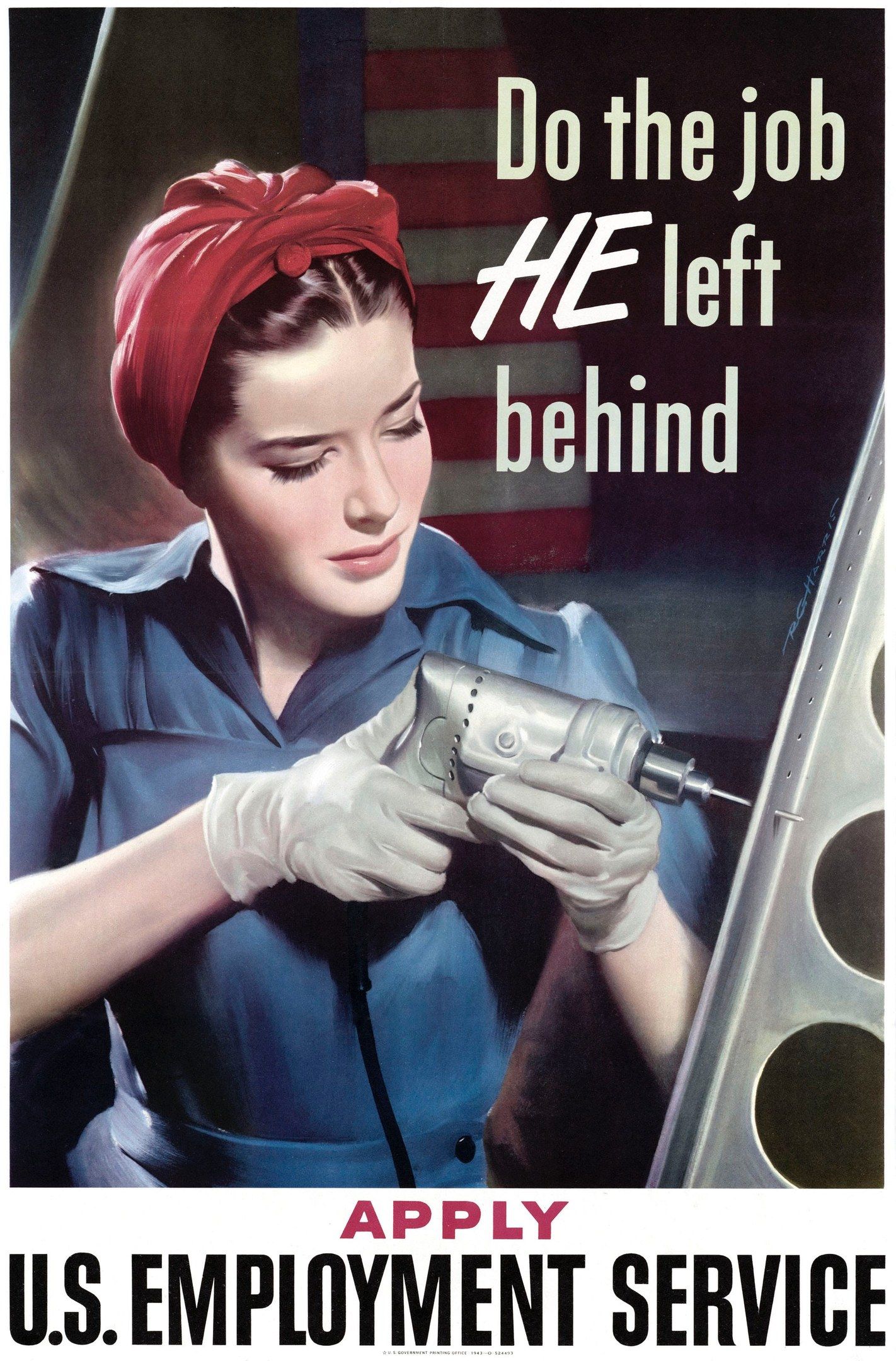 The image shows a woman wearing a blue dress and a red turban on her head, holding a drilling...