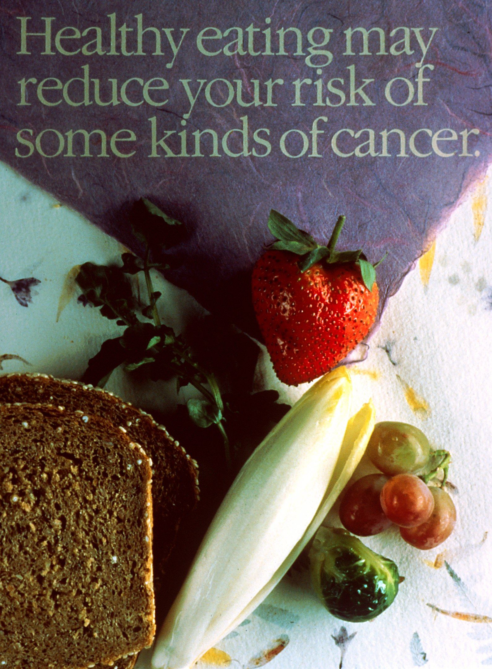 The image shows a poster with text that reads "healthy eating may reduce your risk of some kinds of...