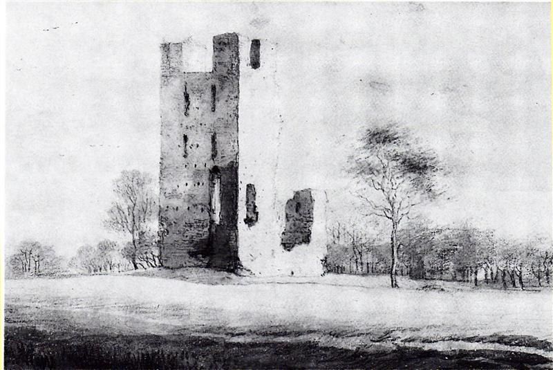 The image shows a black and white drawing of a castle in the middle of a field, surrounded by trees...