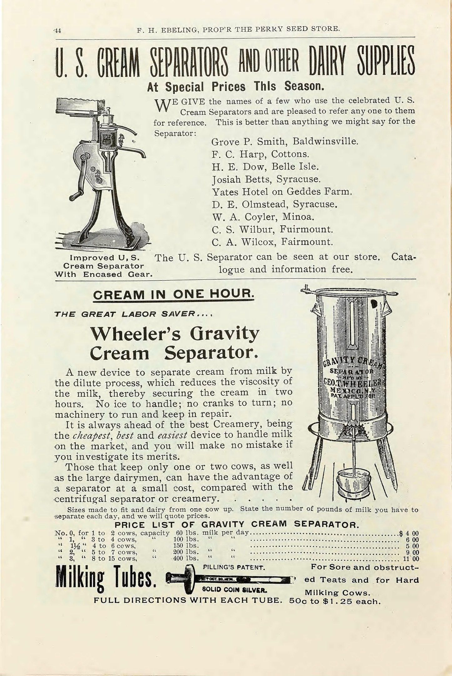 The image shows an old advertisement for the U.S. Cream Separators and Other Dairy Supplies,...