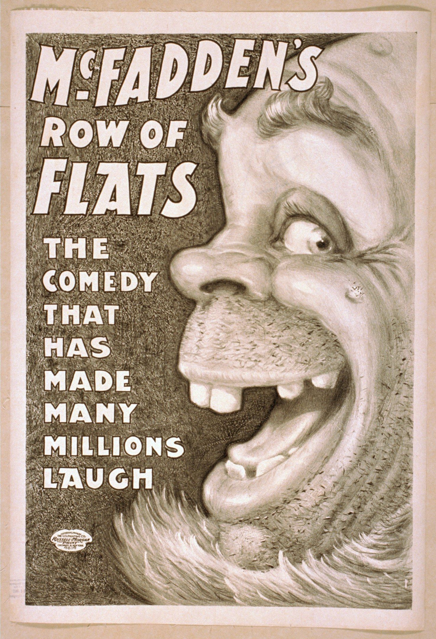 The image shows a poster of a person's face with the text "McFadden's Row of Flats: The Comedy That...