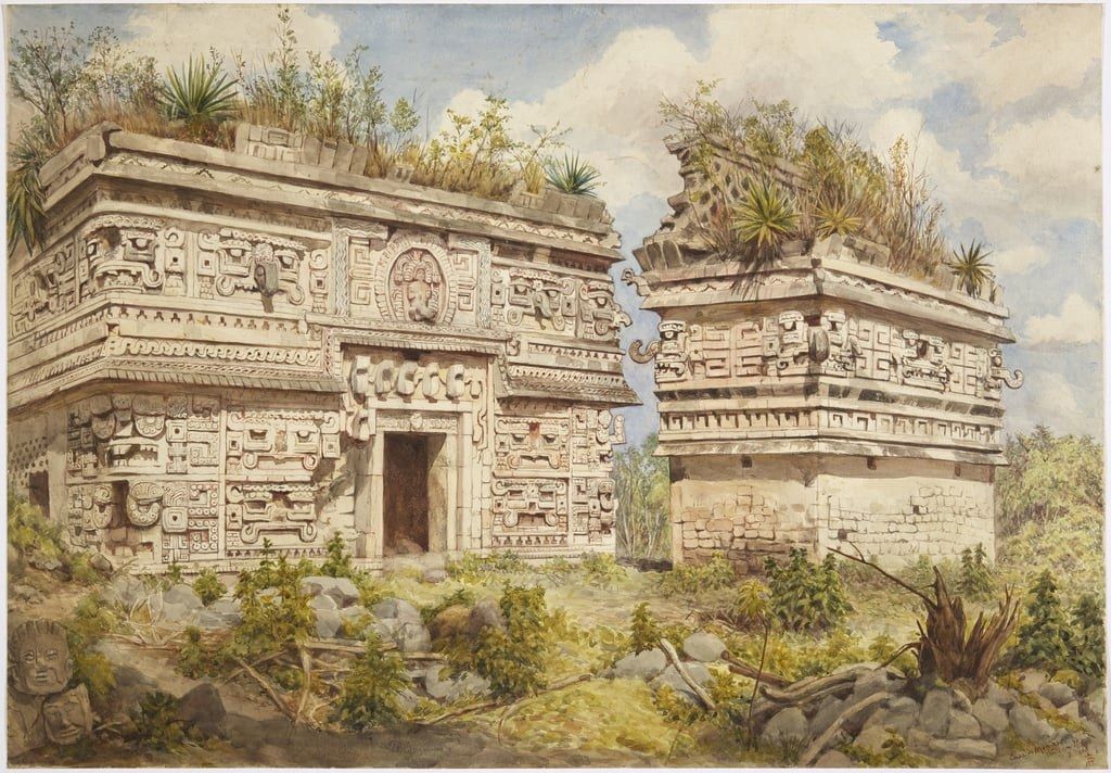 The image shows a painting of a Mayan temple in the jungle, surrounded by trees, plants, rocks, and...