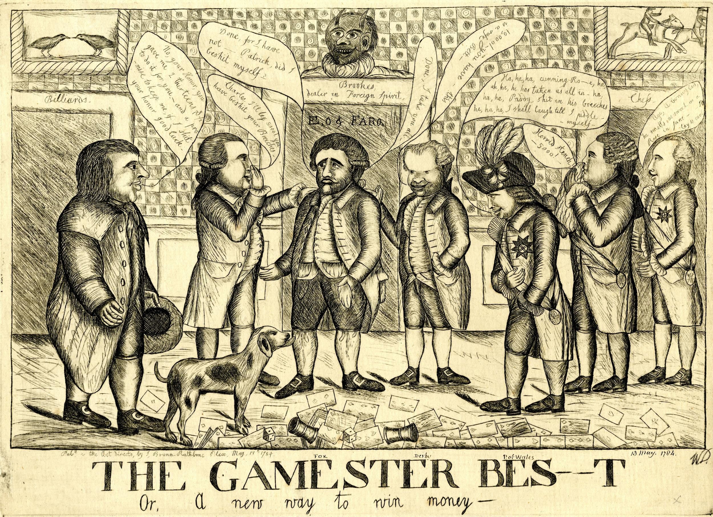 The image shows a paper with a drawing of a group of people and a dog, with the text "The Gamester...