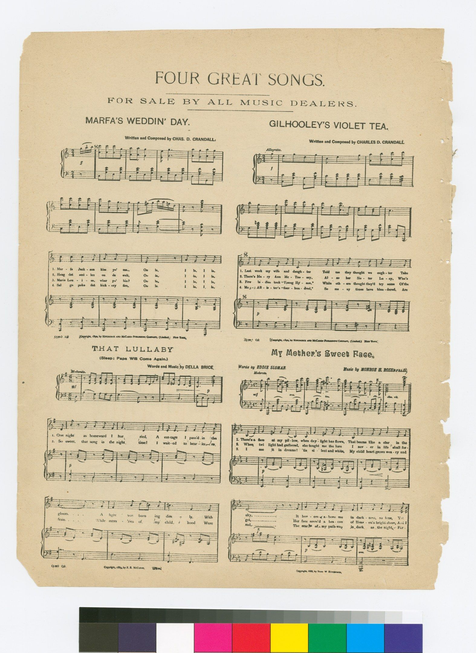 The image shows a paper with four great songs for sale by all music dealers written on it,...