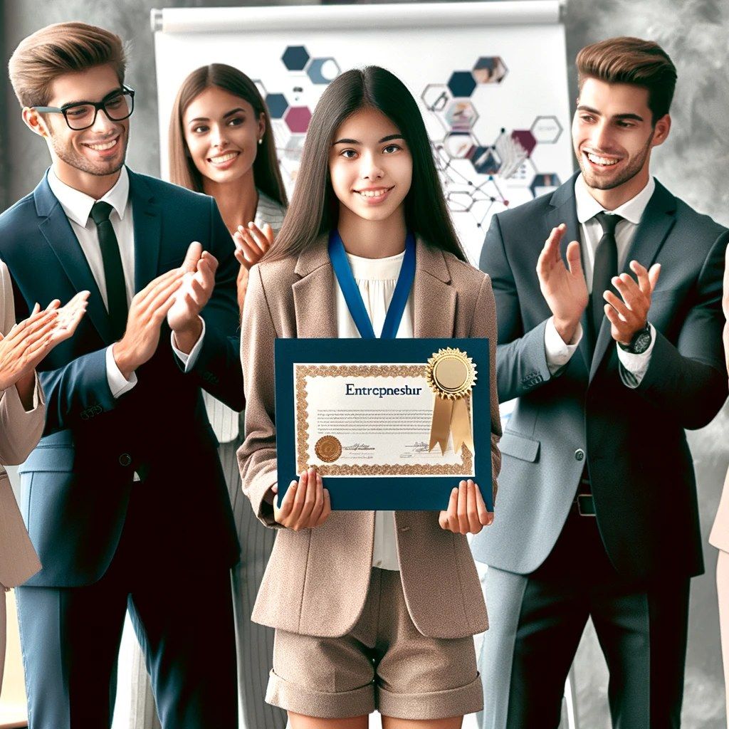 The image shows a group of people standing in front of a whiteboard, clapping and celebrating. The...