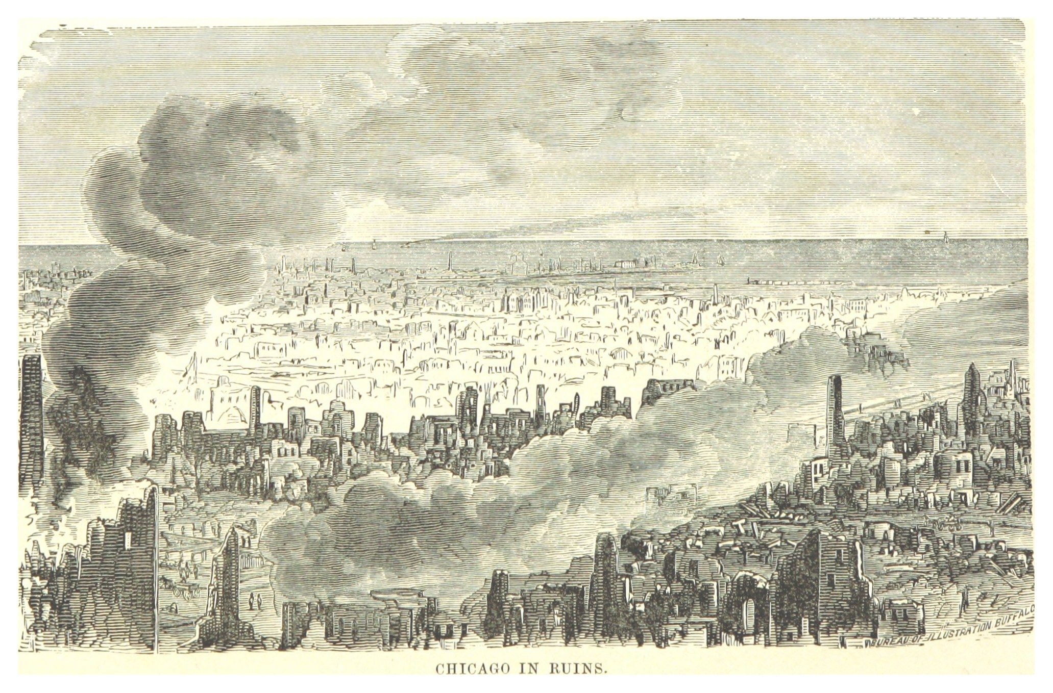 The image shows a black and white drawing of a city with smoke billowing out of it, depicting the...