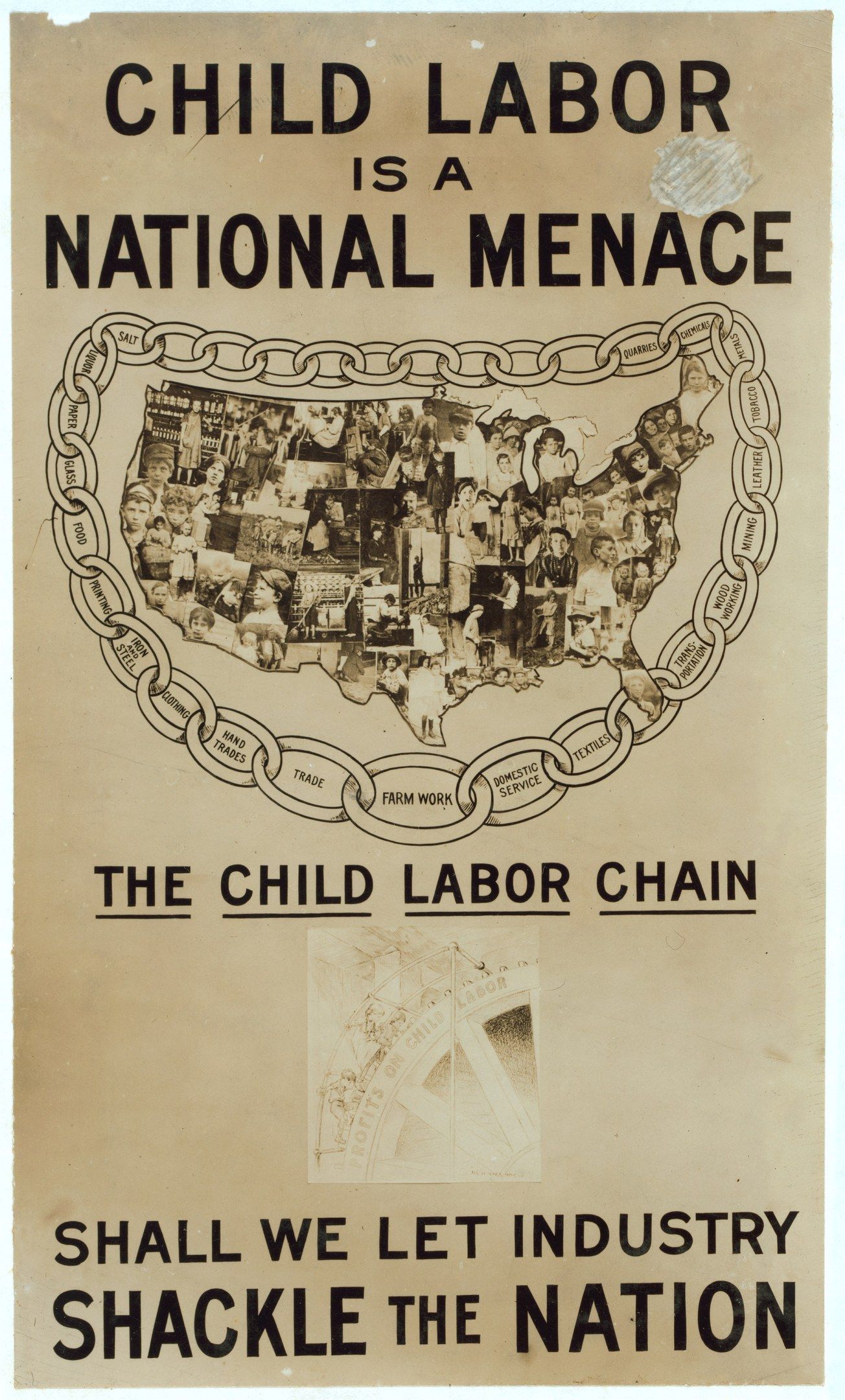 The image shows a poster with text and images that reads "Child Labor is a National Menace - Shall...