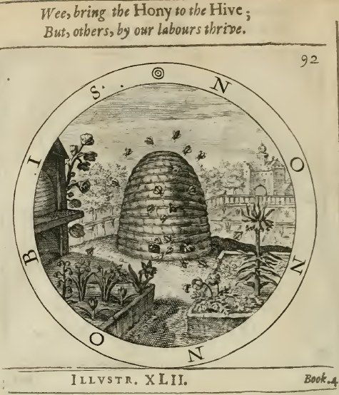 The image shows an old book with a drawing of a beehive in the middle of it, surrounded by plants...