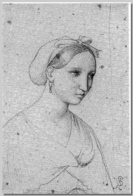 The image shows a black and white drawing of a woman with a bow on her head, created by Leonardo da...