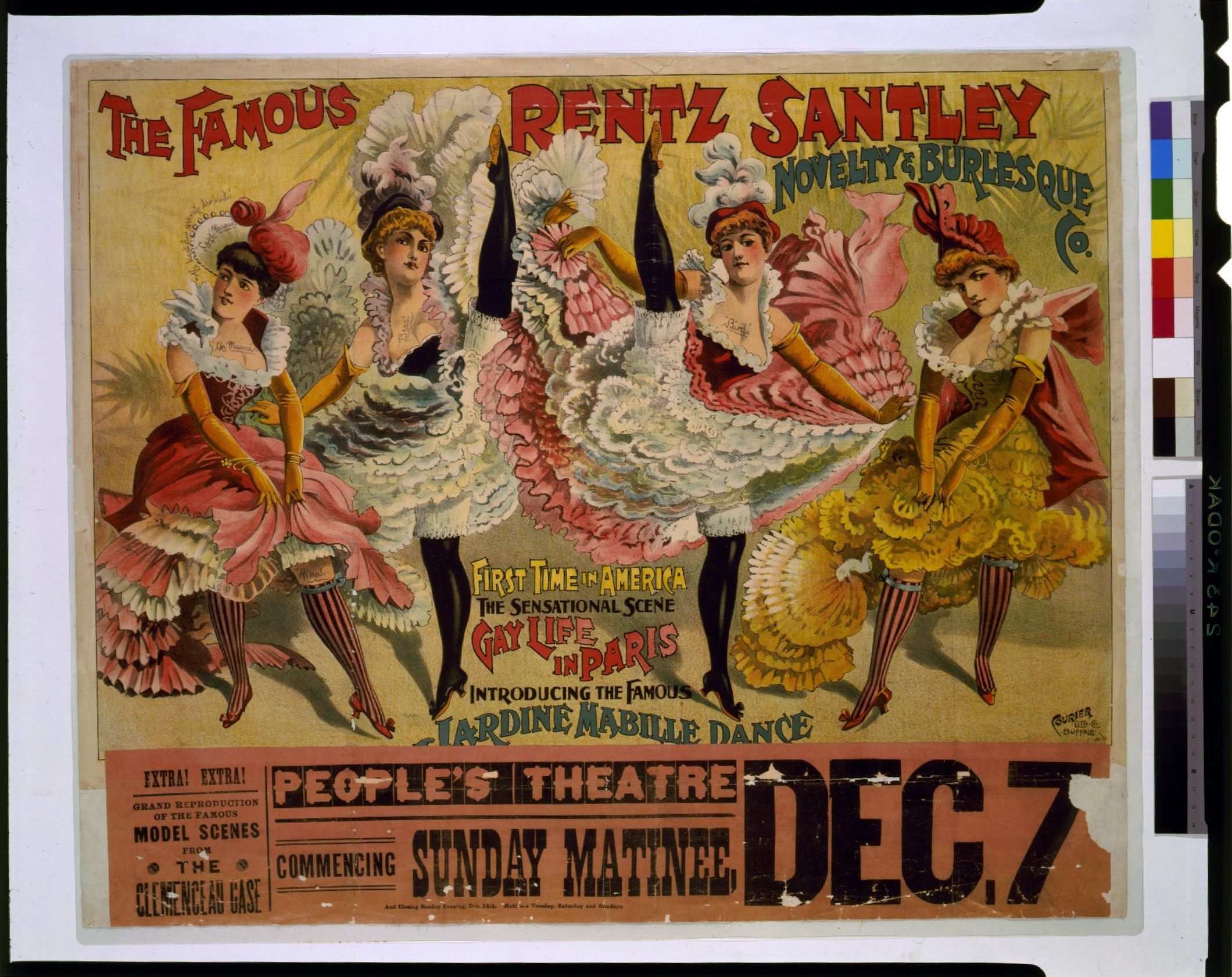 The image shows a poster for the famous Rentz Santley Theatre, featuring a group of women wearing...