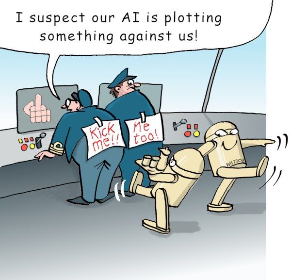 The image shows a cartoon of a man in a police uniform holding a sign that reads "I suspect our AI...