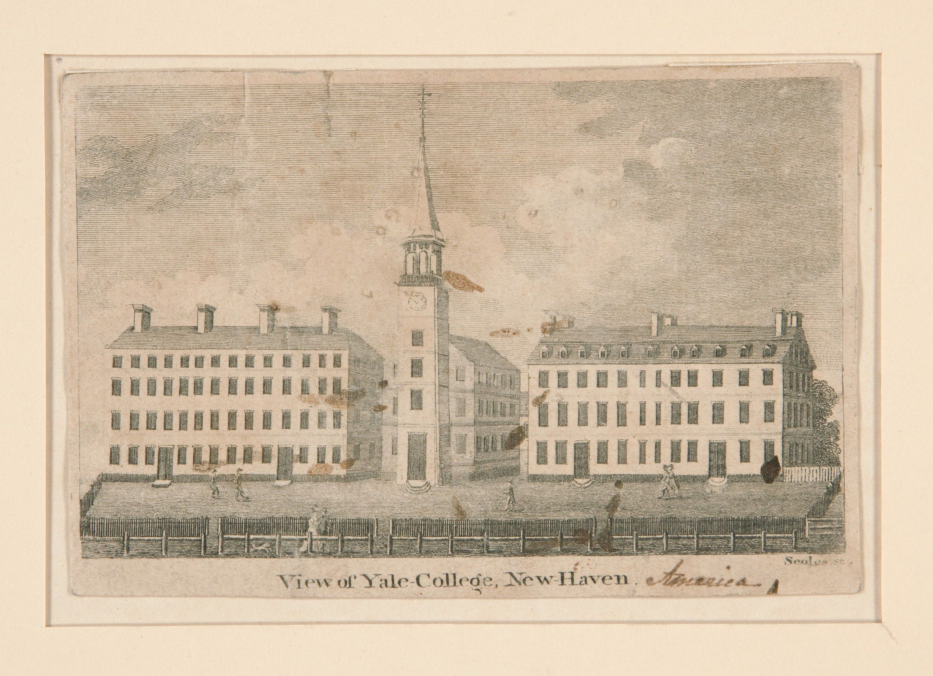 The image shows a view of Yale College in New Haven, Connecticut. It is a photo frame with a...