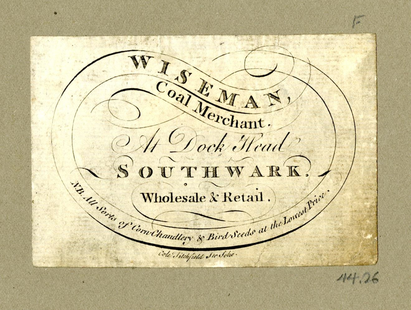 The image shows a paper with text written on it, which reads "Wiseman Coal Merchant, A Dock Head,...