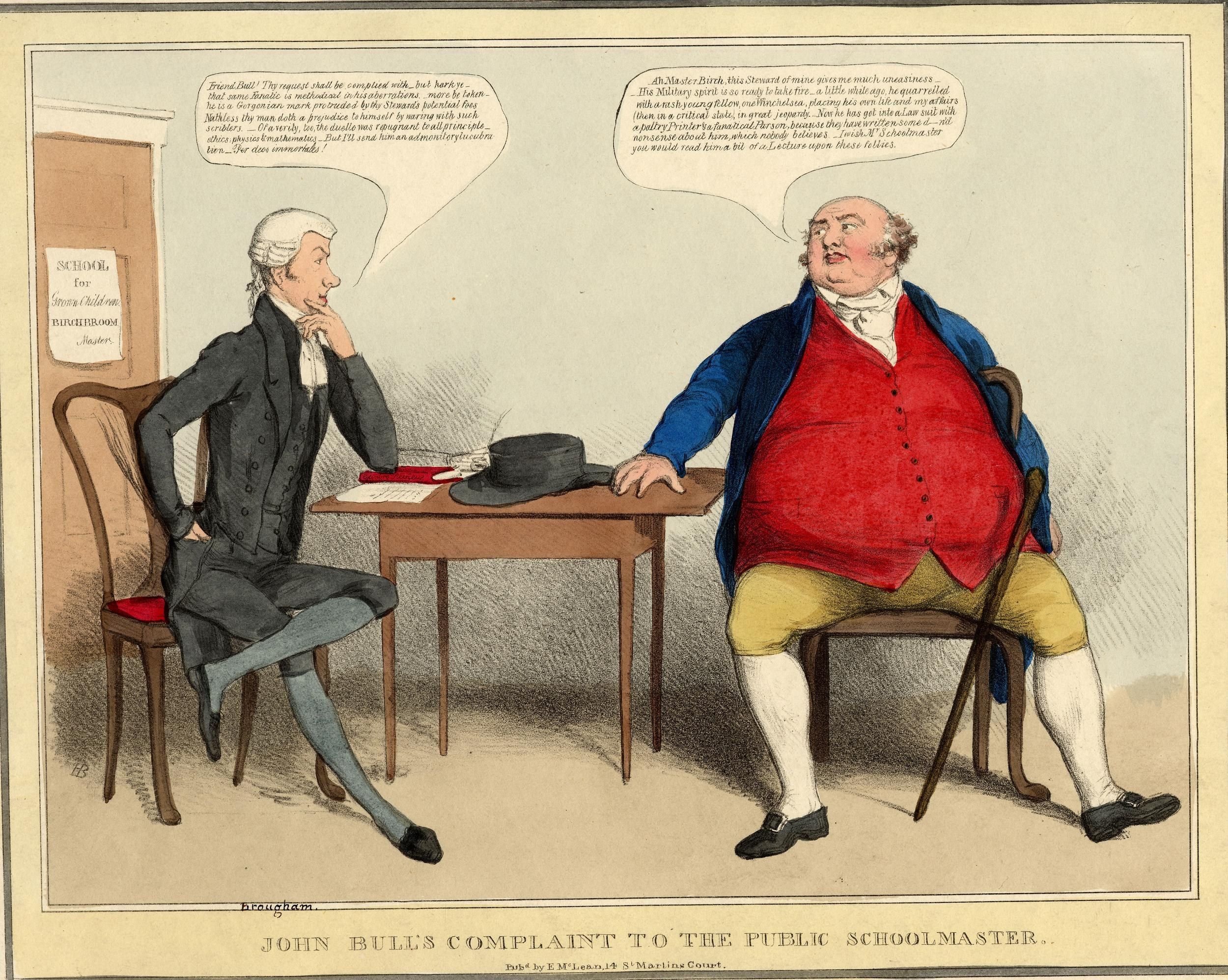 The image shows John Bull's complaint to the public schoolmaster, with two people sitting on chairs...