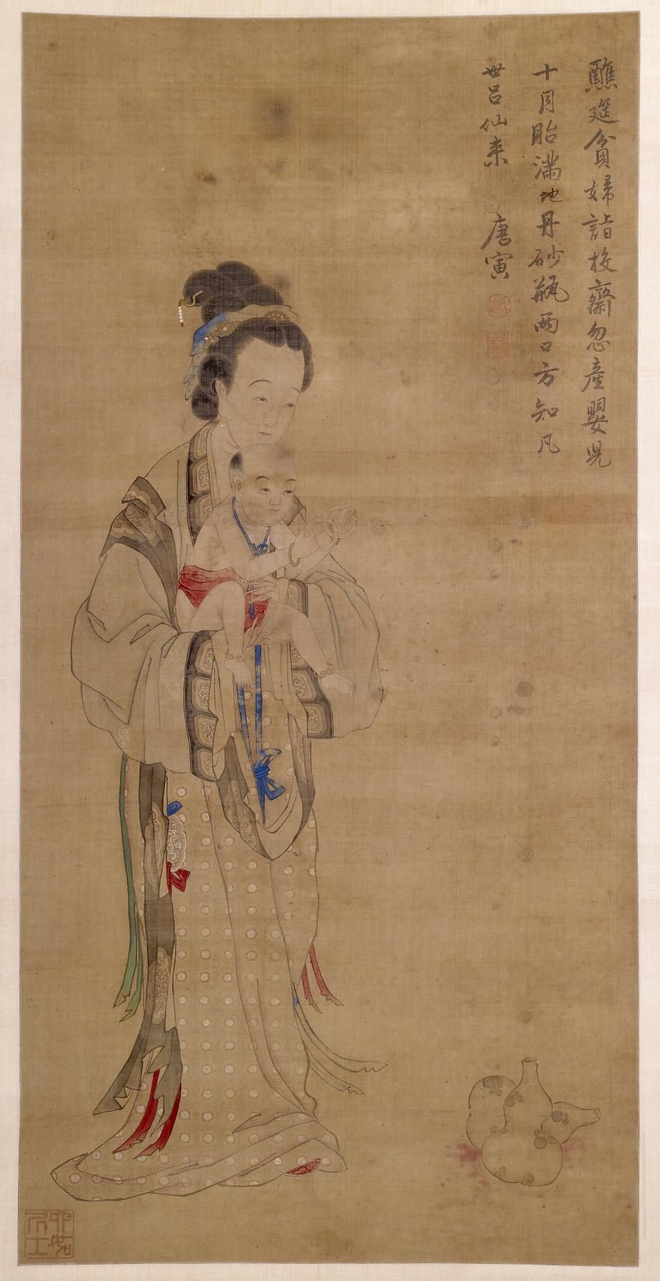 The image shows a Chinese painting of a woman holding a baby, with text written on the paper. The...