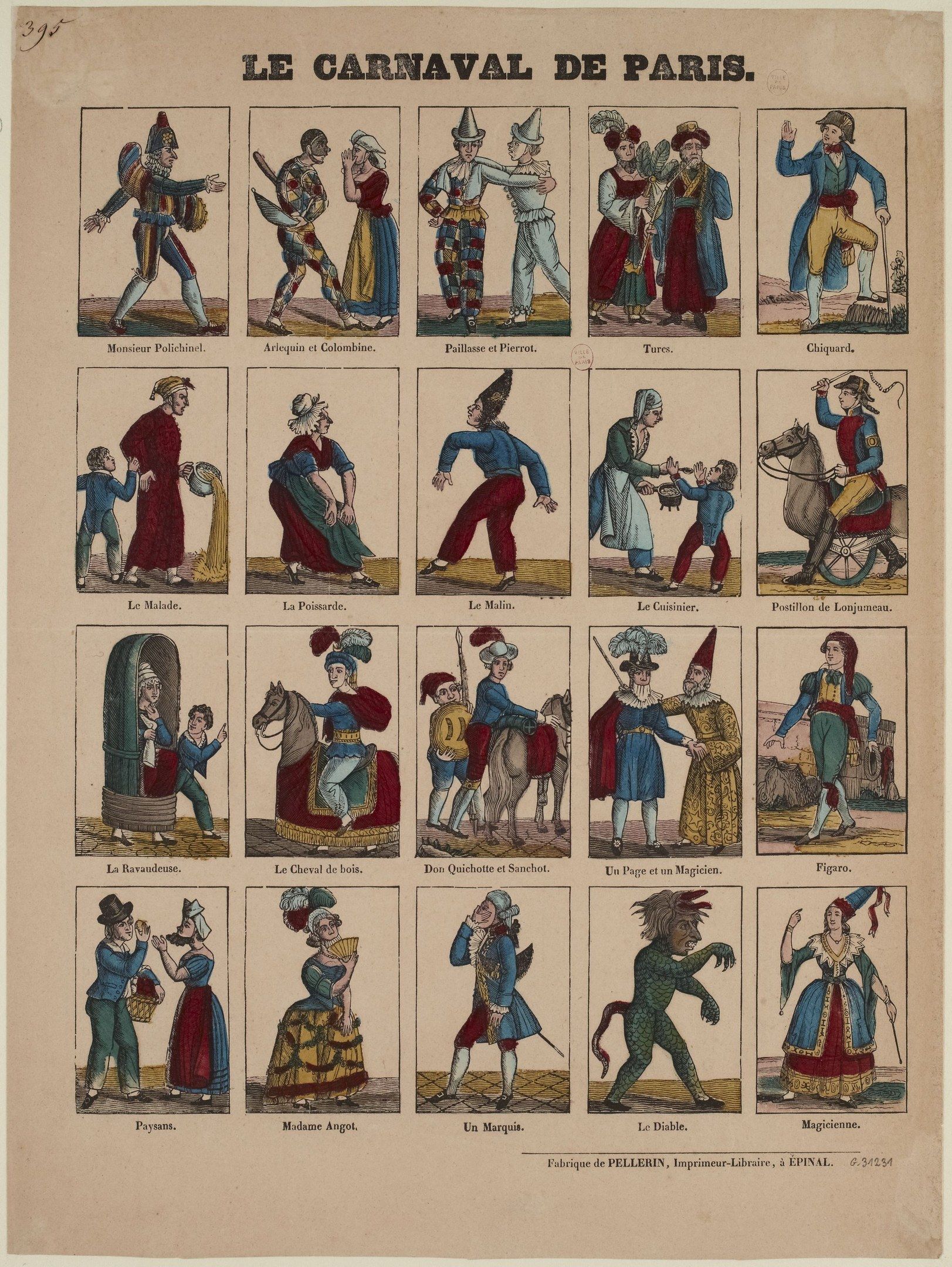 The image shows a paper with pictures of people wearing costumes from the Carnival of Paris. The...