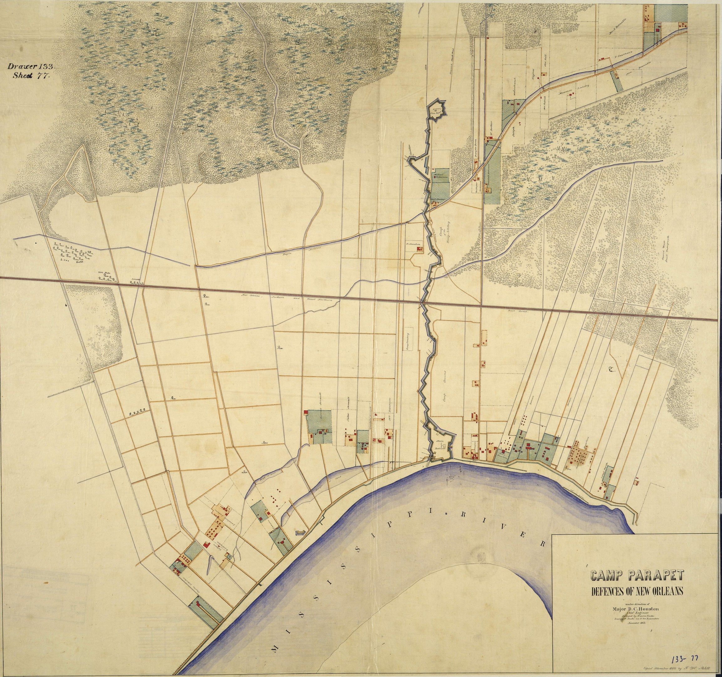 The image shows a map of the city of New Orleans, Louisiana, with a river running through it. The...