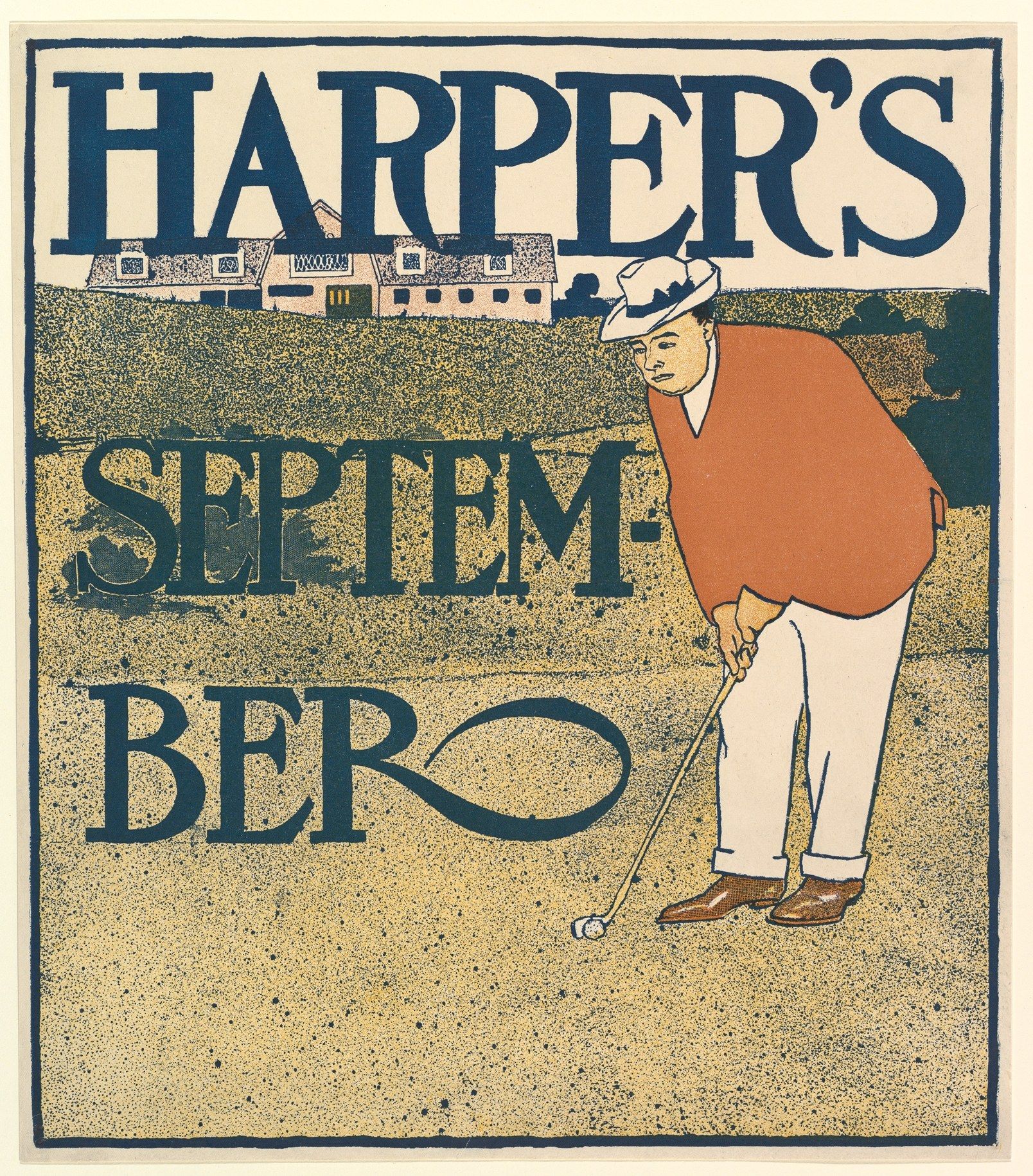 The image shows a poster of a person holding a golf club, with the words "Harper's September Ber"...