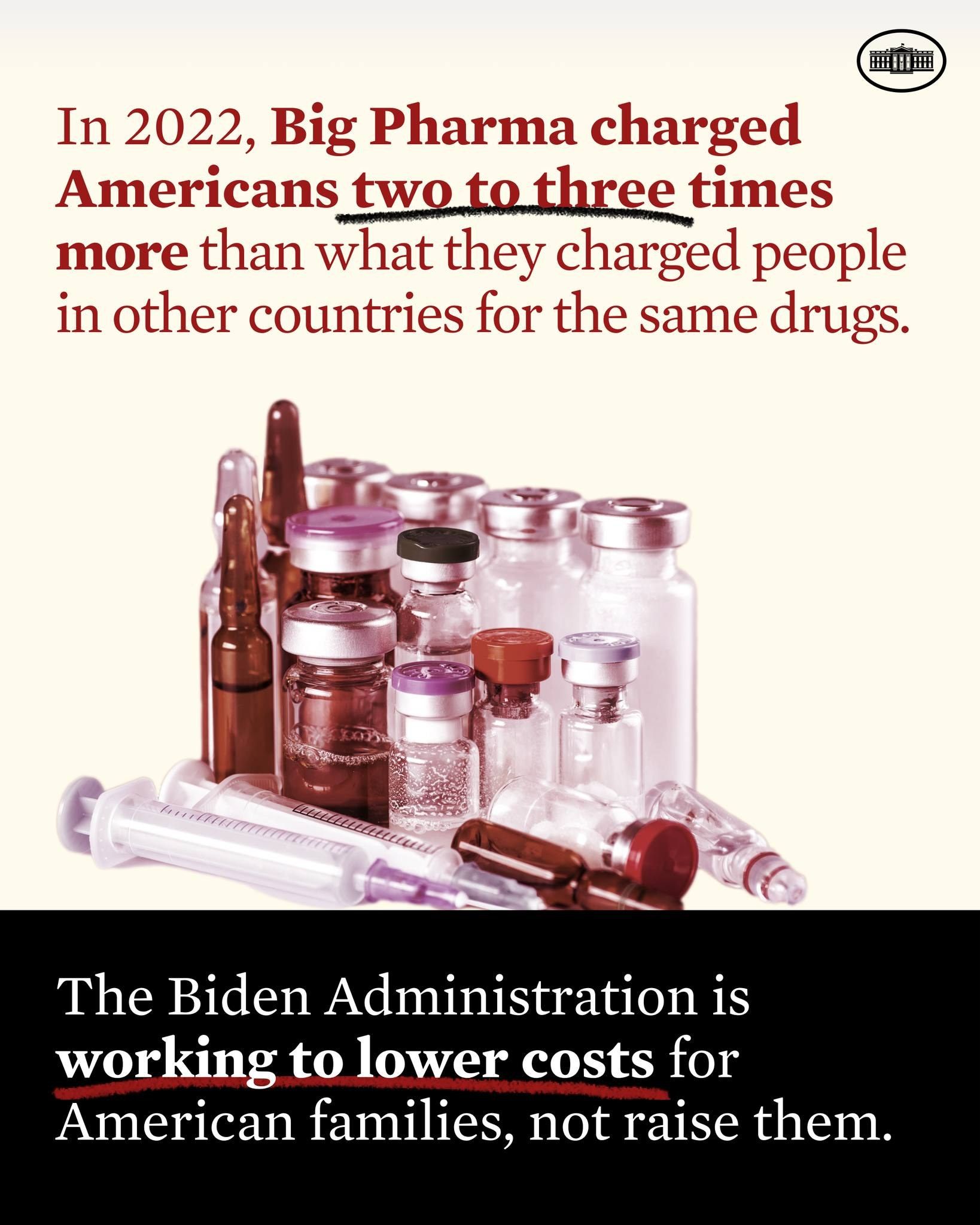 The image shows a poster with the text "In 2022, Big Pharma Charged Americans Two to Three Times...