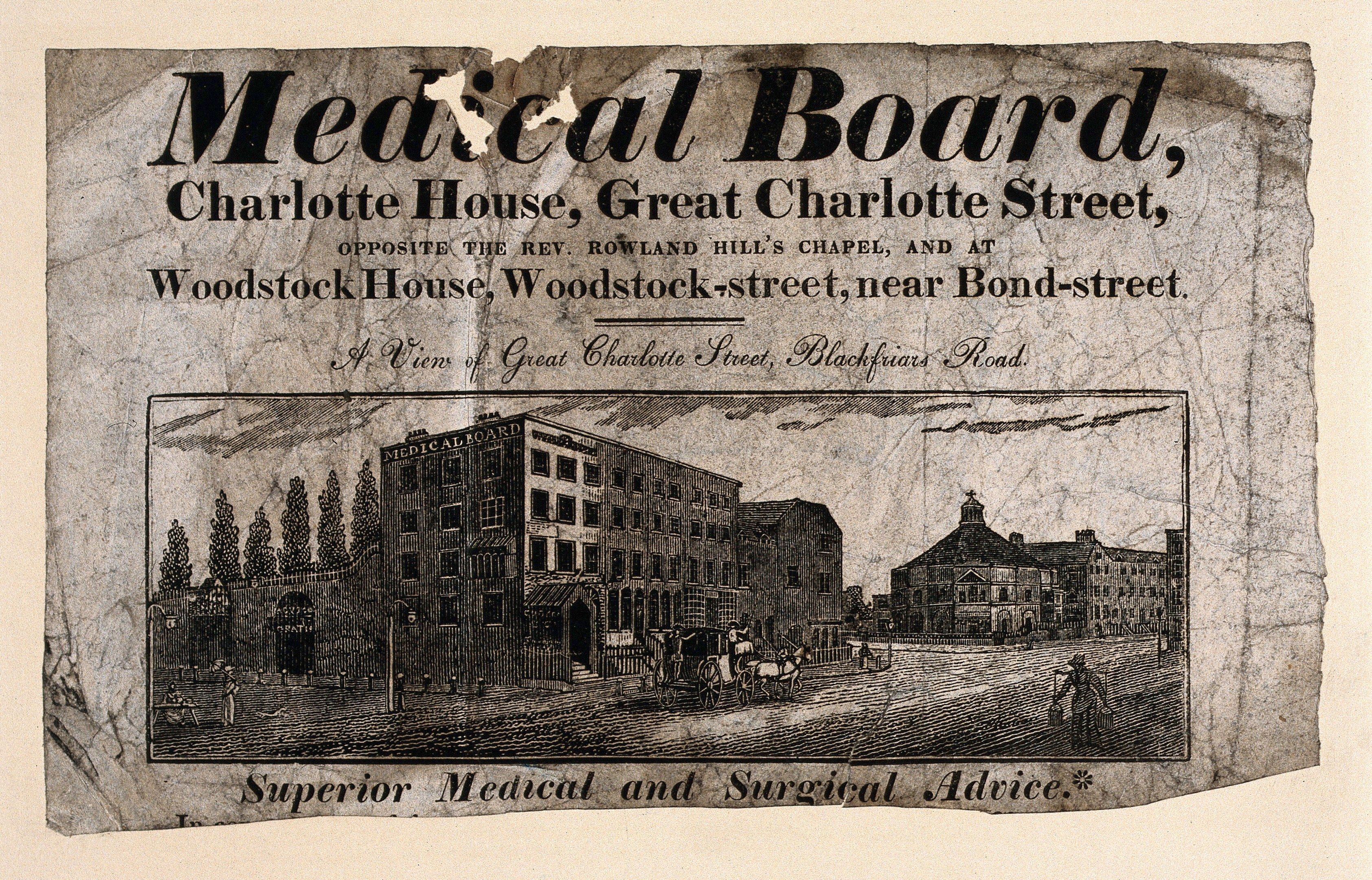 The image shows an old advertisement for a medical board in Charlotte, North Carolina. It features...