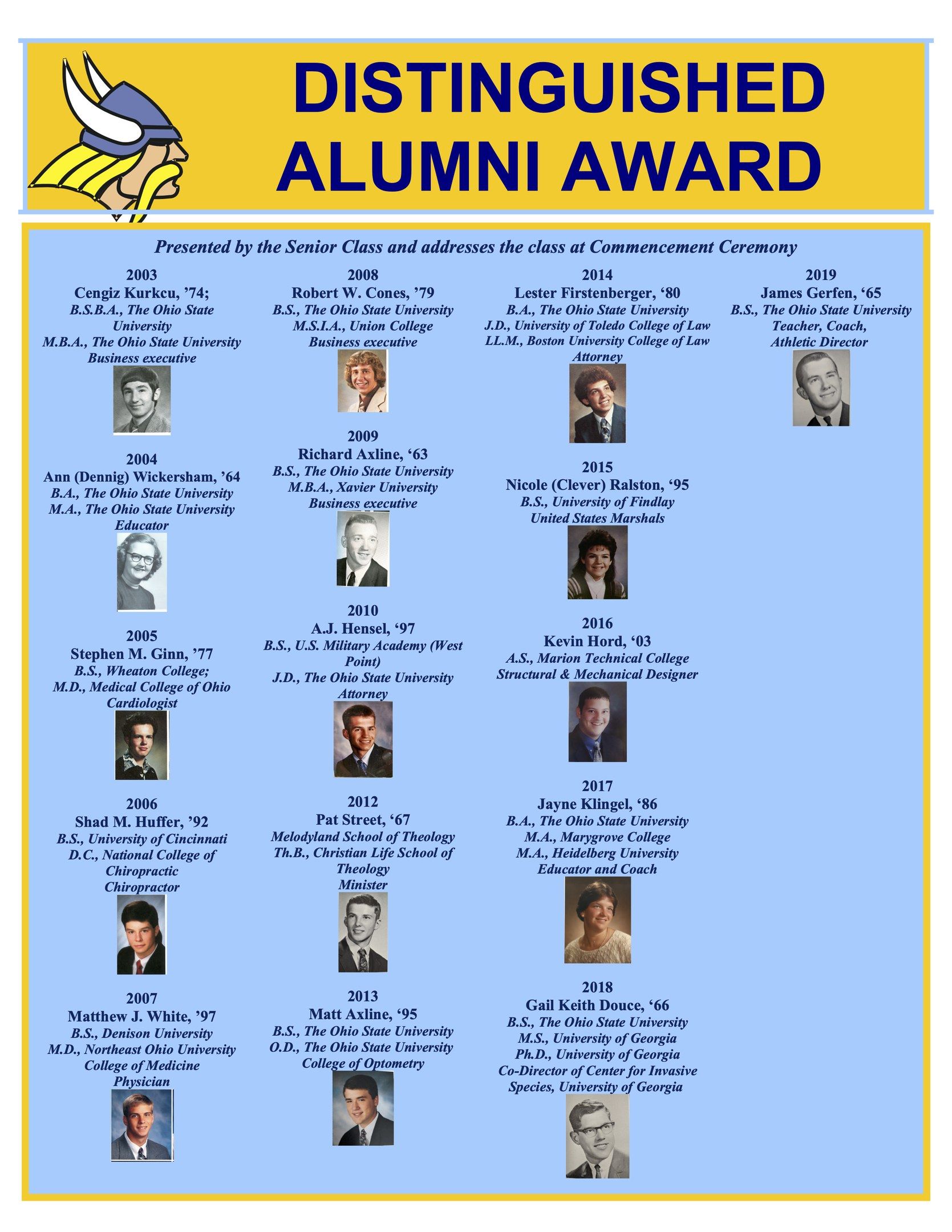 The image shows a distinguished alumni award poster with pictures of the recipients and text...