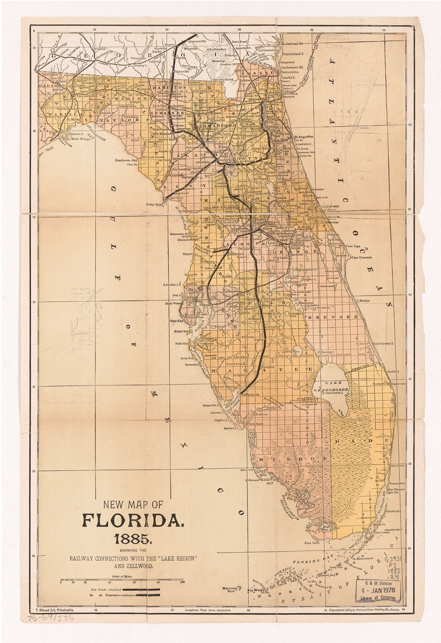 The image shows a poster of a new map of Florida from 1885. It is a detailed map with roads,...