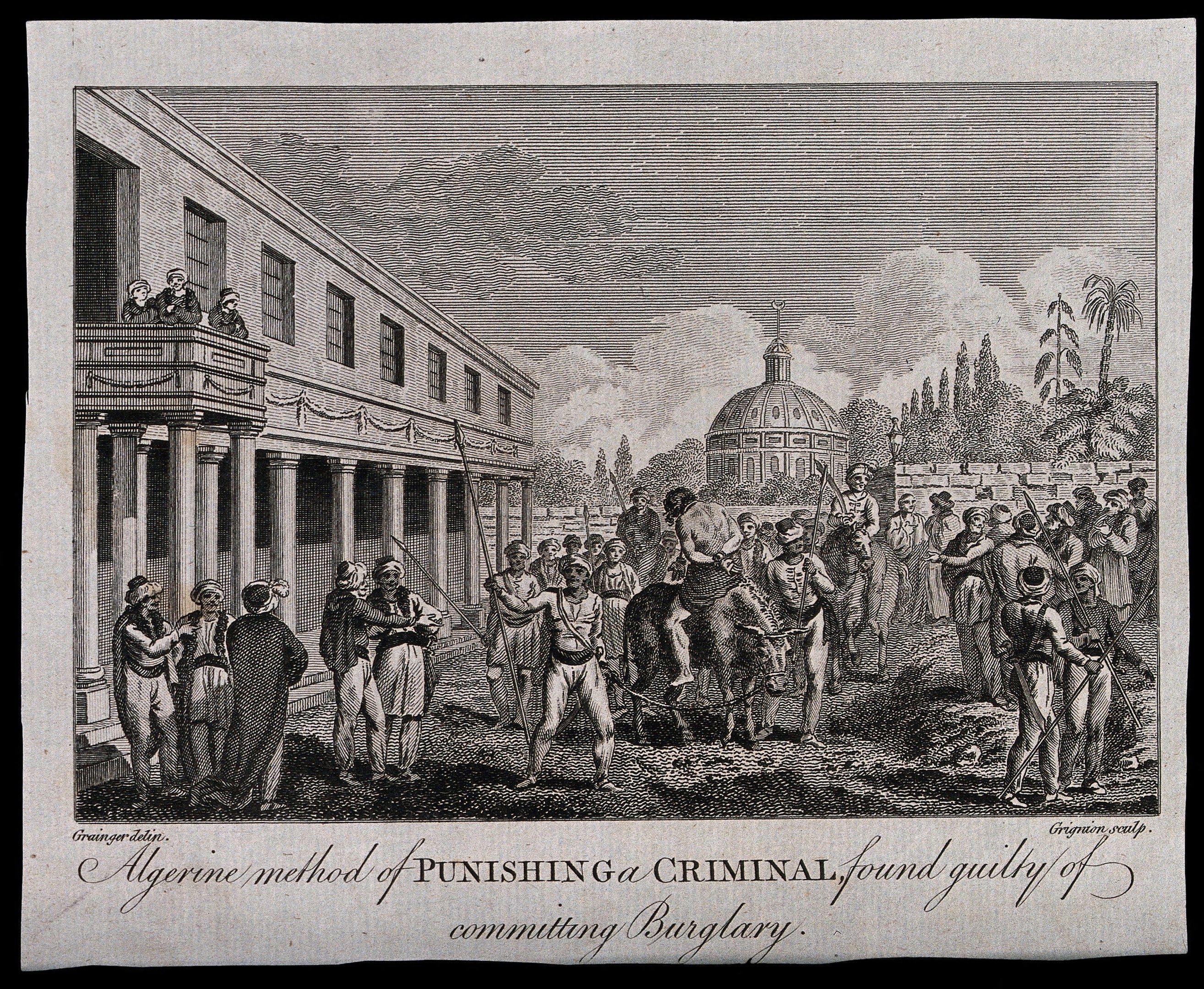 The image shows a black and white drawing of a group of people standing in front of a building with...