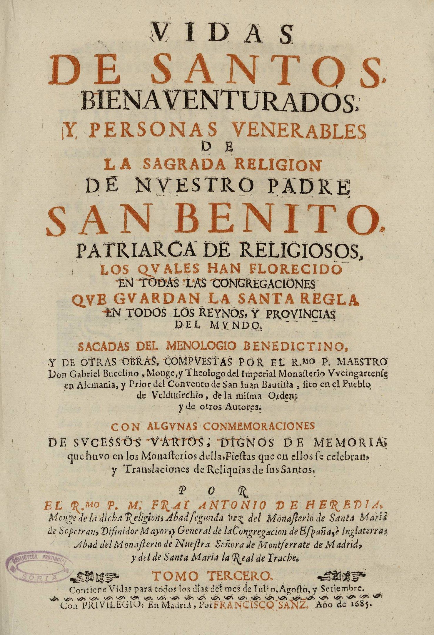 The image shows an old book with the title "Vidas de Santos, Bienventurados y Personas Venerables...