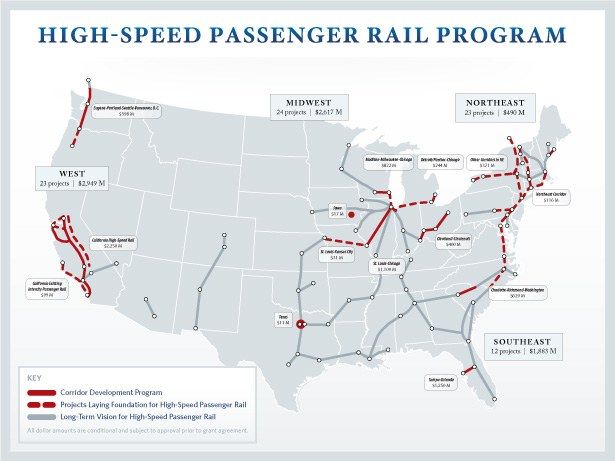 The image shows a poster with a map of the high-speed passenger rail program in the United States....