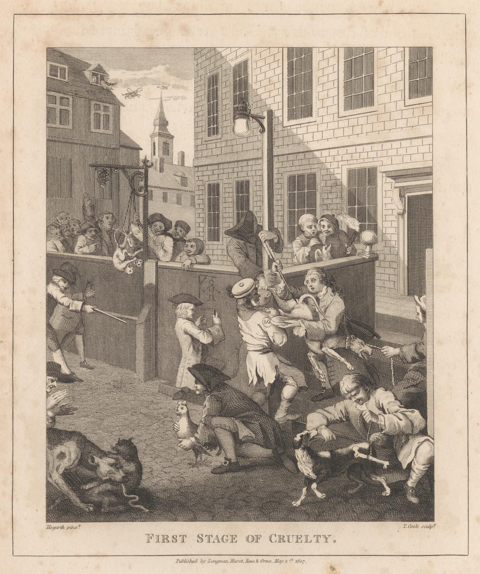The image shows a paper with a drawing of a group of people and animals in the foreground, with...