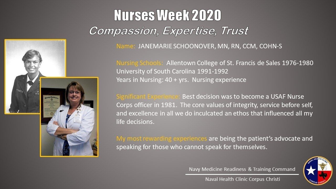 The image shows a poster with two photos of nurses on the left side and text on the right side. The...