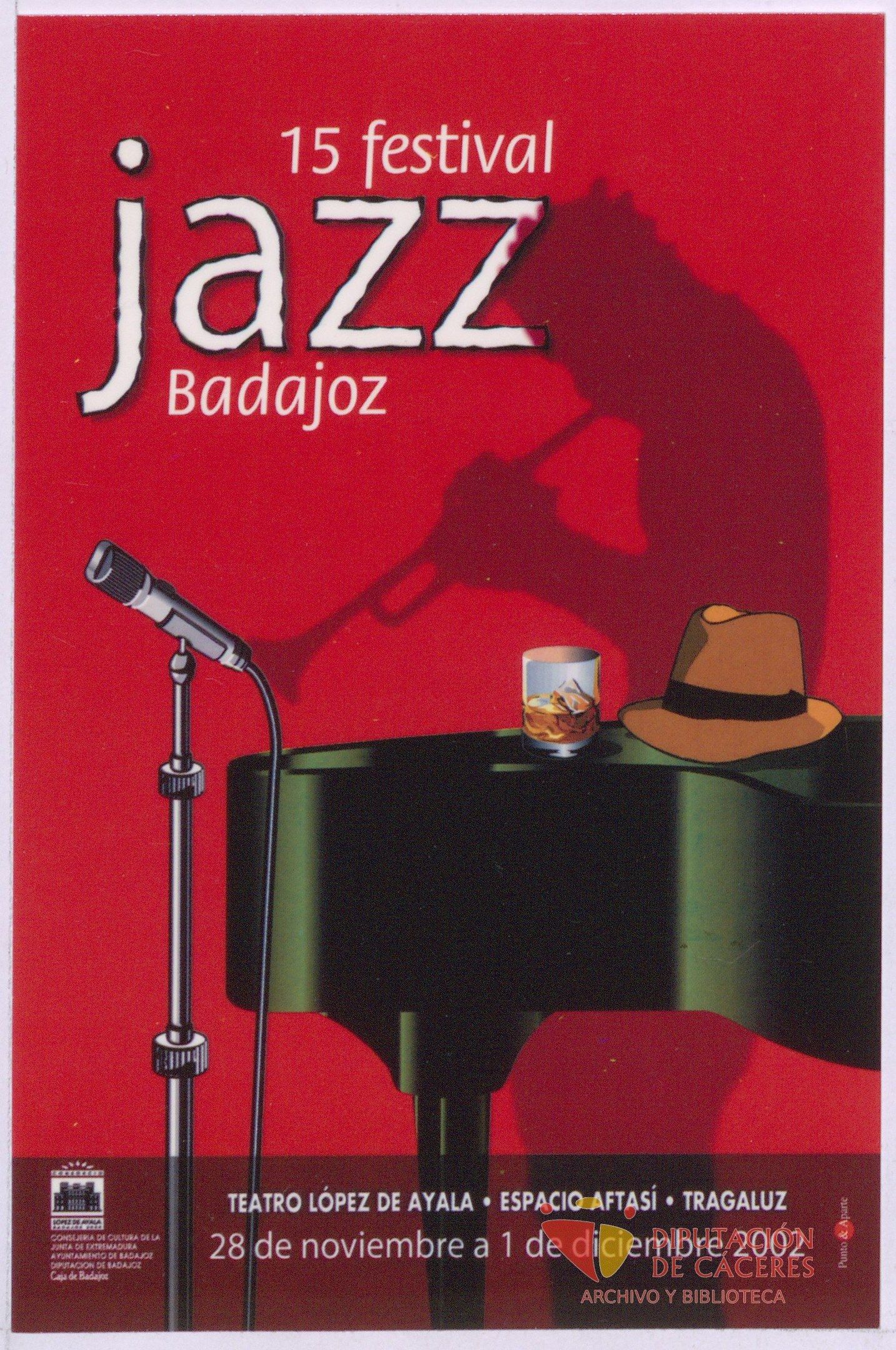 The image shows a poster for the 15th Festival Jazz Badajoz, featuring a microphone, a hat, and a...