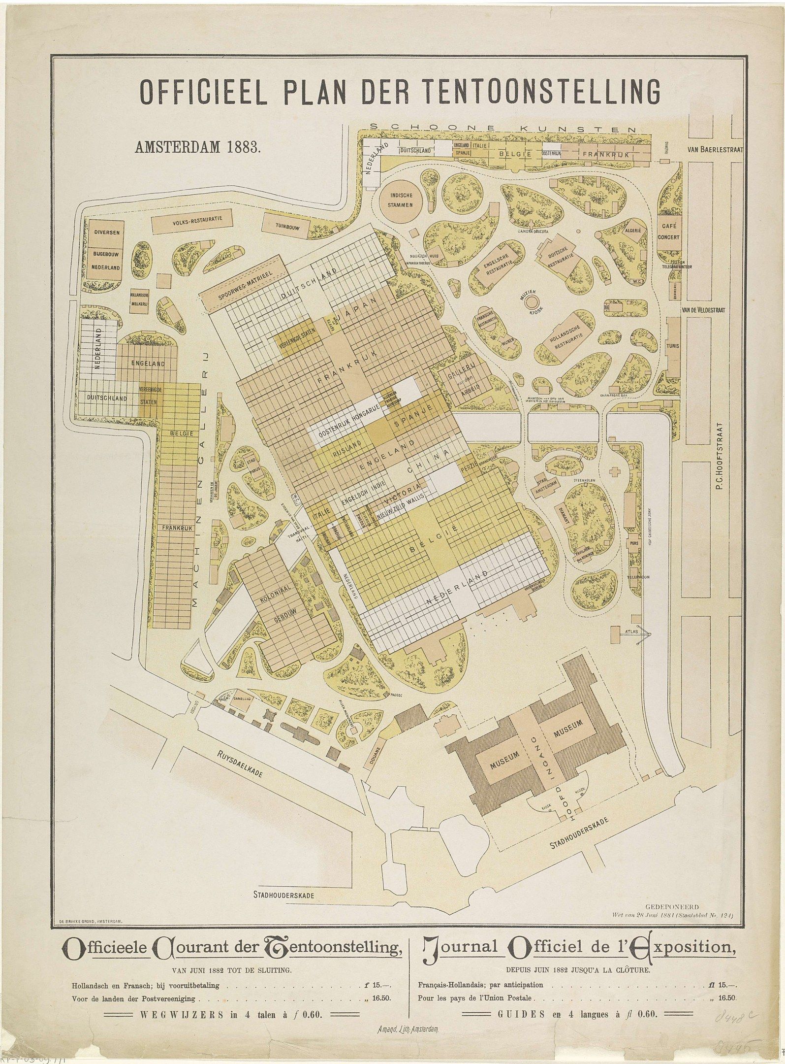 The image shows an old map of the city of Amsterdam, Netherlands, with text detailing the official...