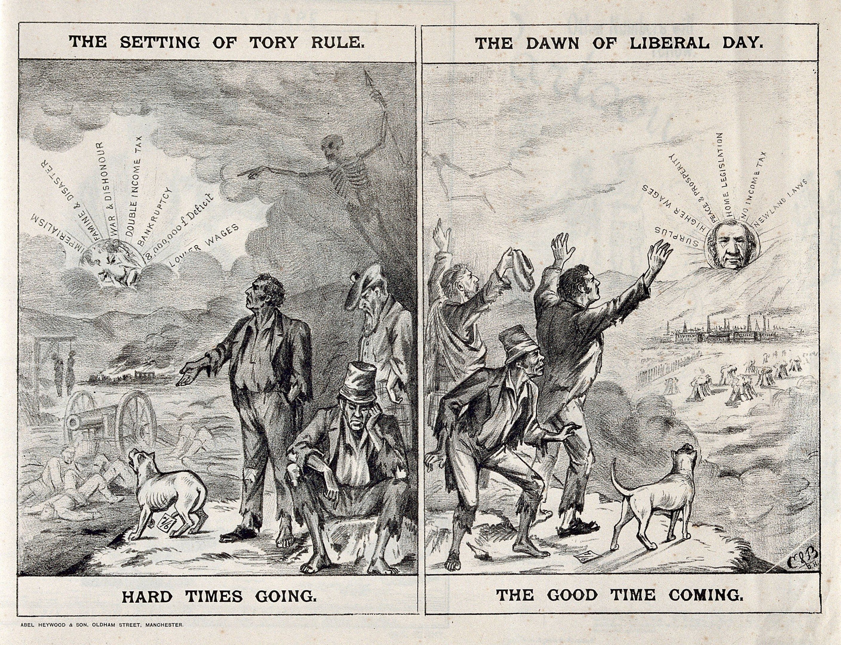 The image shows a paper with two pictures and text on it, depicting the setting of Tory rule and...