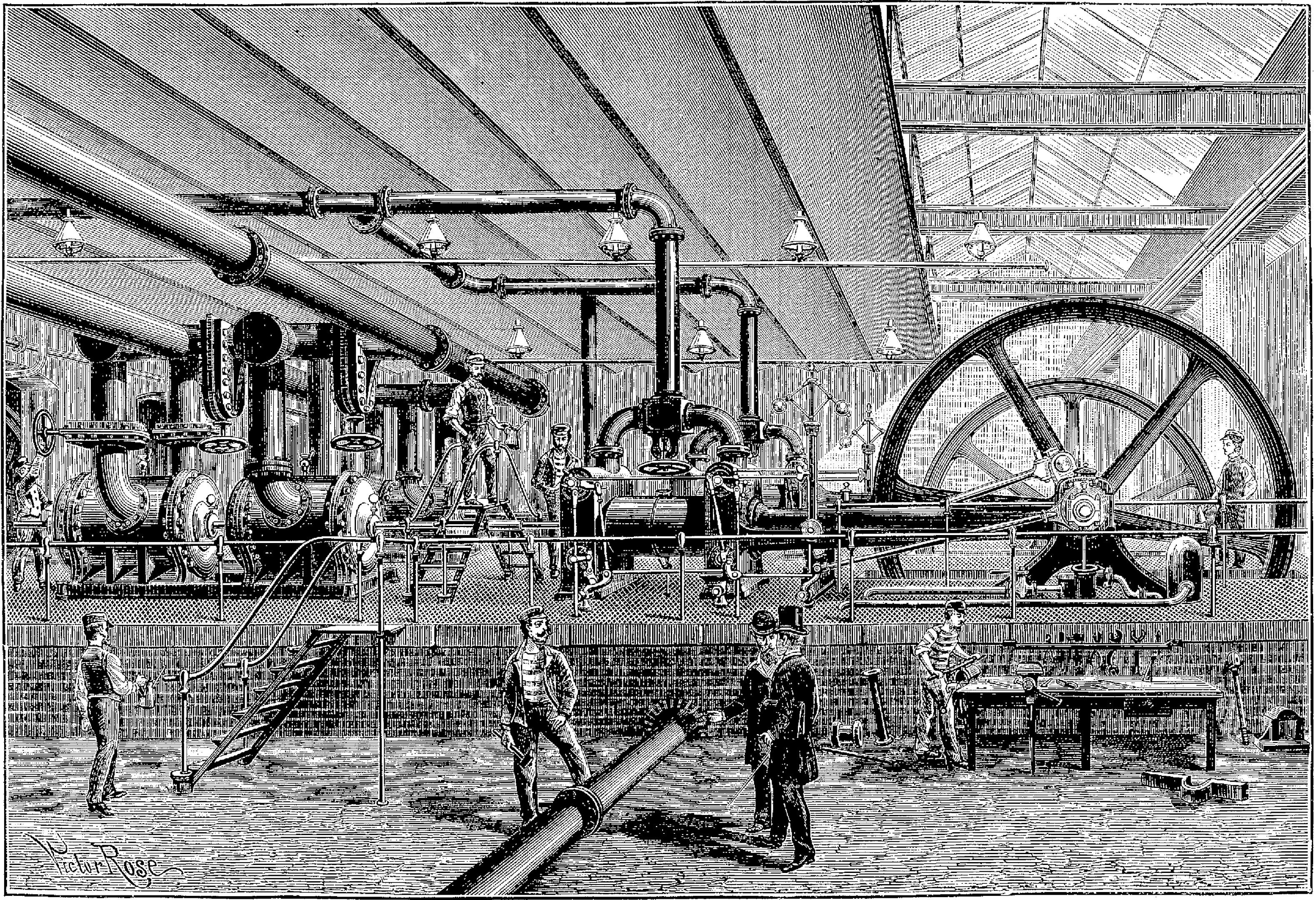 The image shows a black and white drawing of a factory with people working on a machine, surrounded...
