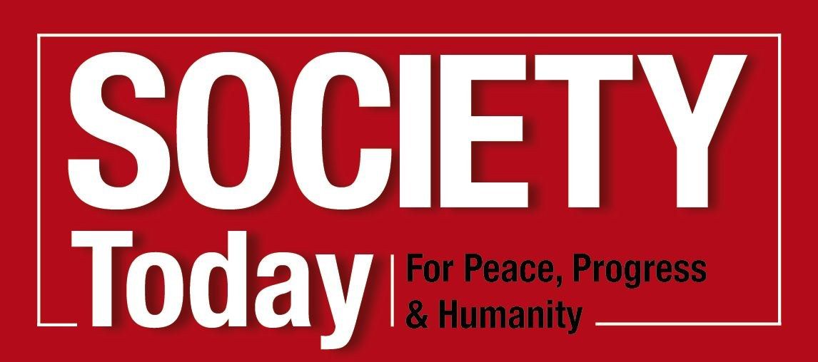 The image shows a poster with the words "Society Today for Peace, Progress & Humanity" written in...