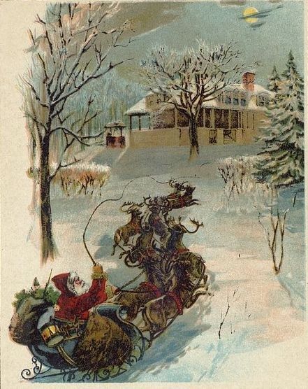 The image shows an old fashioned Christmas card with Santa Claus riding in a sleigh pulled by...