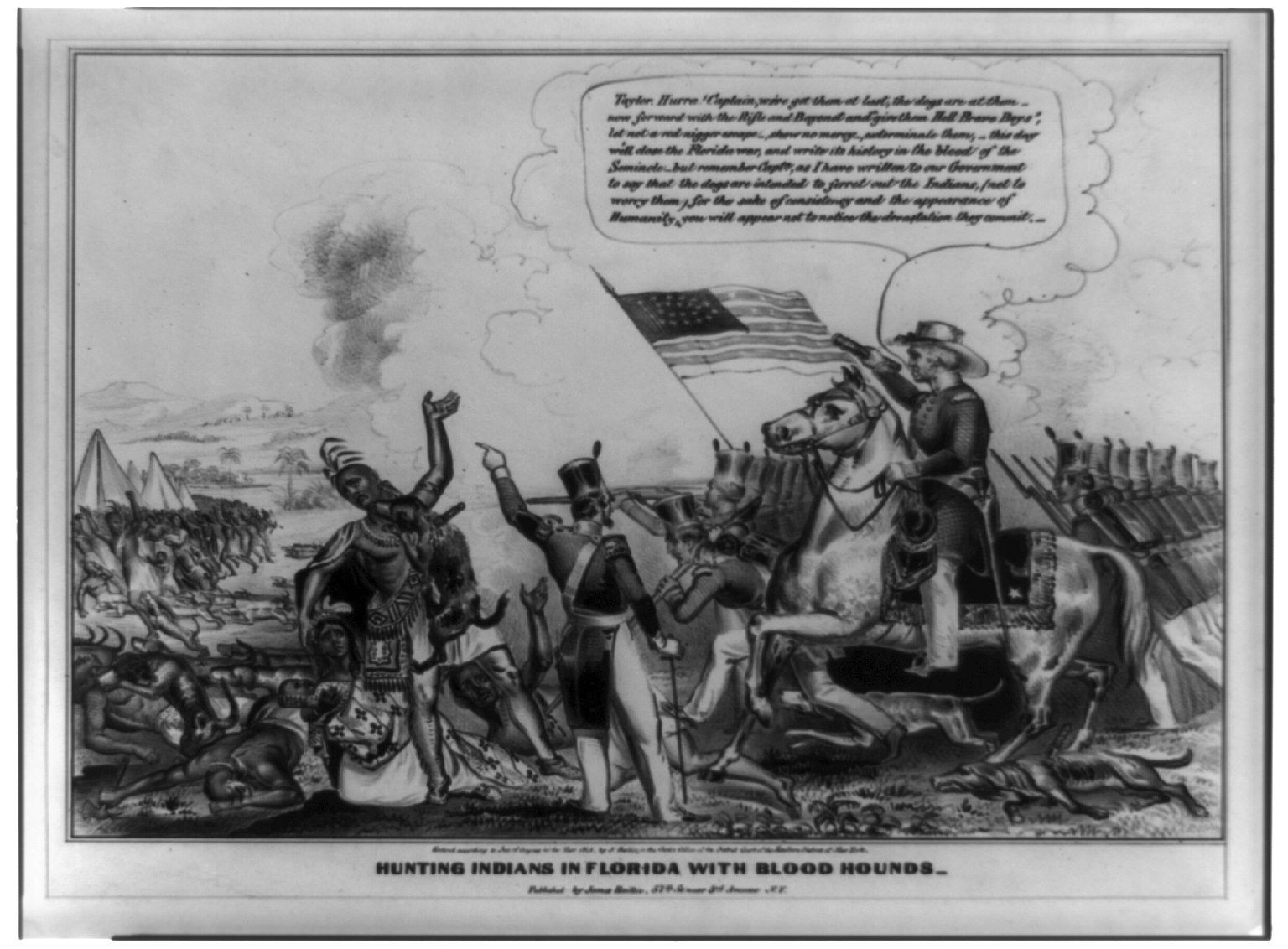 The image shows a black and white picture of a group of people, some of whom are sitting on horses,...