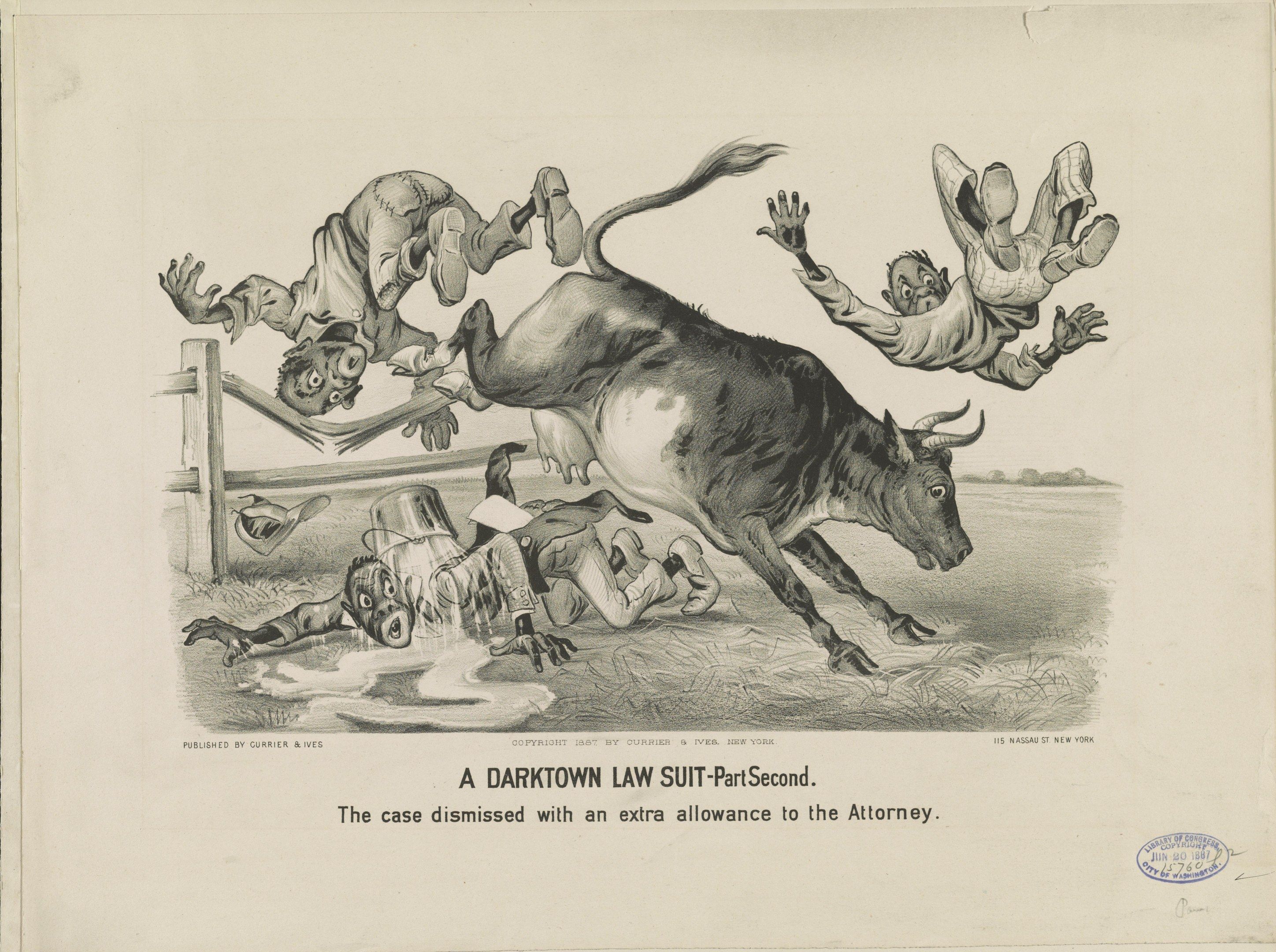 The image shows a paper with a drawing of a bull and several people falling off it, with a wooden...
