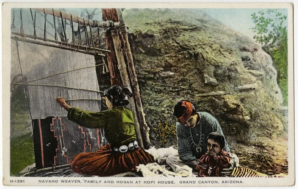 The image shows an old postcard of a Navajo family at Hopi House in Grand Canyon, Arizona. We can...
