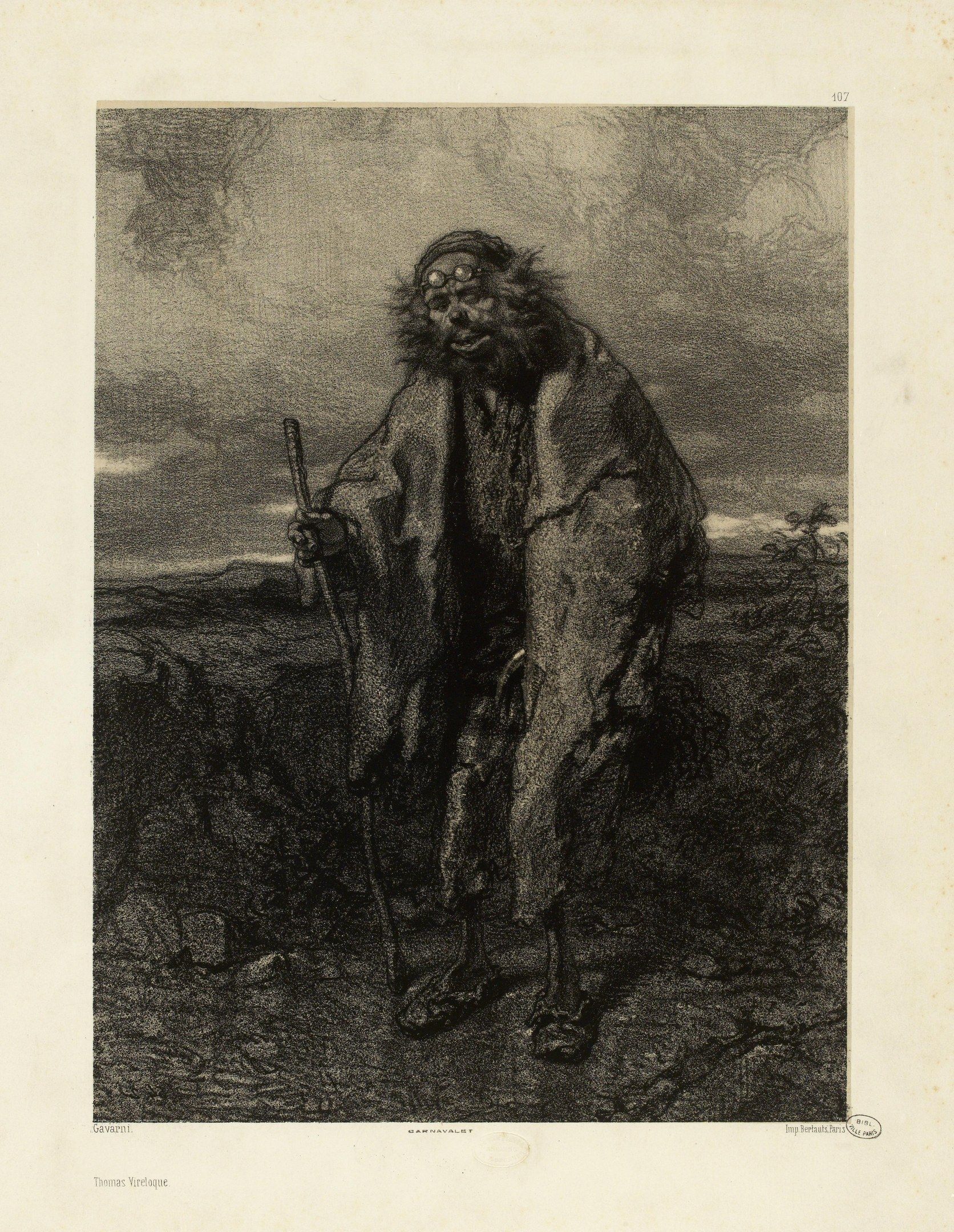The image shows a black and white drawing of a man with a cane, standing in the center of the...