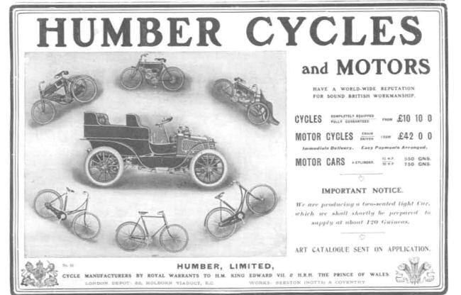 The image shows an advertisement for Humber Cycles and Motors, featuring a variety of vehicles and...