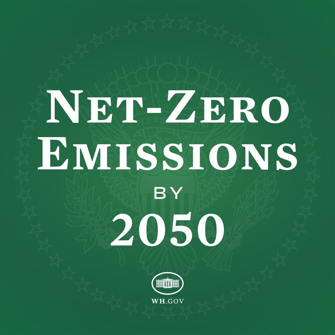 The image shows a green background with the text "net-zero emissions by 2050" written in white. The...